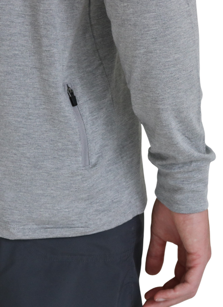 Back zipper of the Classic Midweight Bamboo Hoodie in Heather Grey.