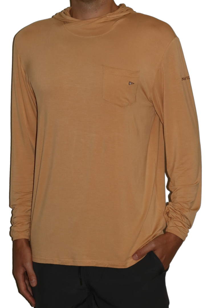 Front of the Orange Angler Crossover Bamboo Hoodie.