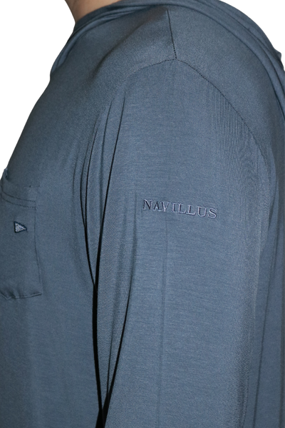 Side logo of the Angler Crossover Bamboo Hoodie in Dusk.