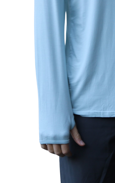 Thumbholes of the Lightweight Classic Fly Hoodie in Breezy Blue.