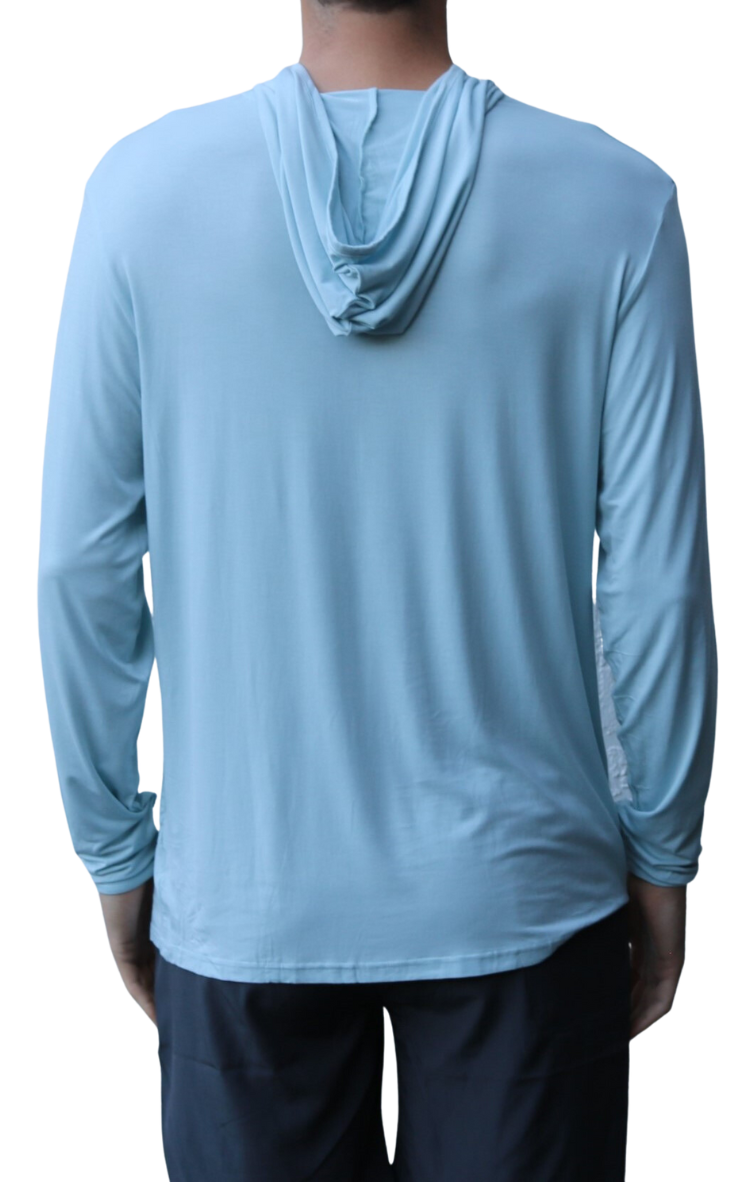 Back of the Lightweight Classic Fly Hoodie in Breezy Blue.