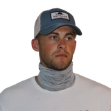 Model wearing the Bamboo Neck Gaiter in Heather Grey.
