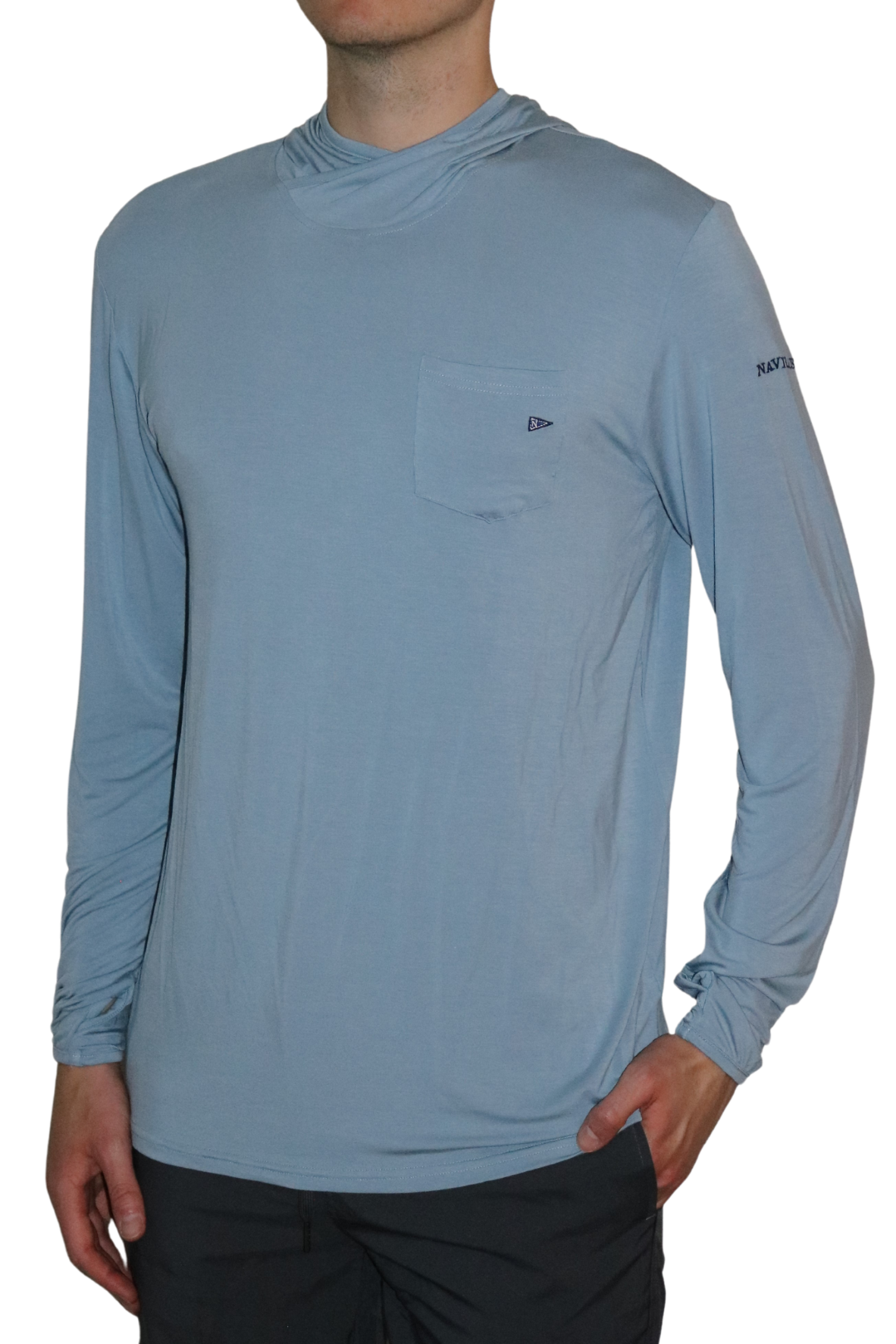 Front of the Angler Crossover Bamboo Hoodie in Light Ocean Blue. This lightweight sun hoodie provides 35+ UPF sun protection.