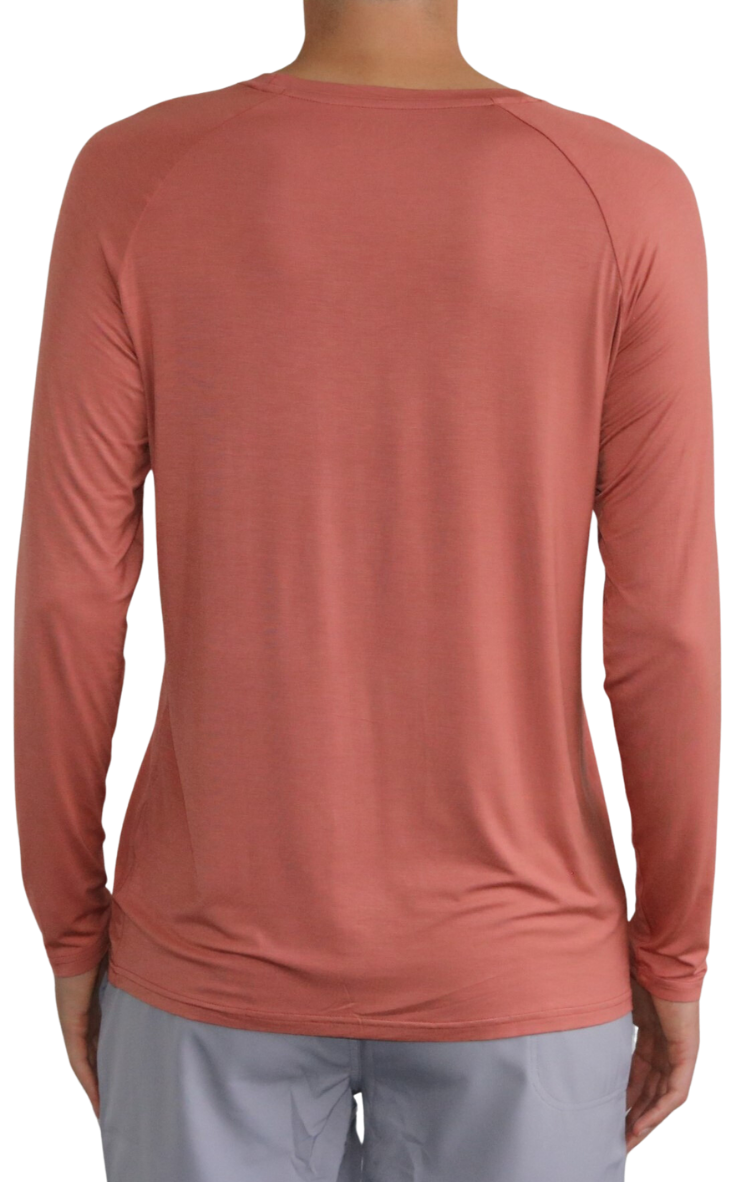 Back of the Classic Fly Lightweight Long Sleeve Shirt in Dusty Red.