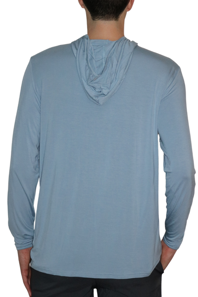 Back of the Angler Crossover Bamboo Hoodie in the Light Ocean Blue colorway.