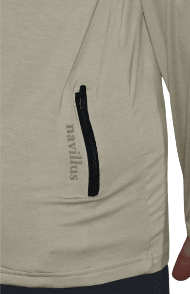 Back zipper of the Tarpon Crossover Hoodie in wheat.