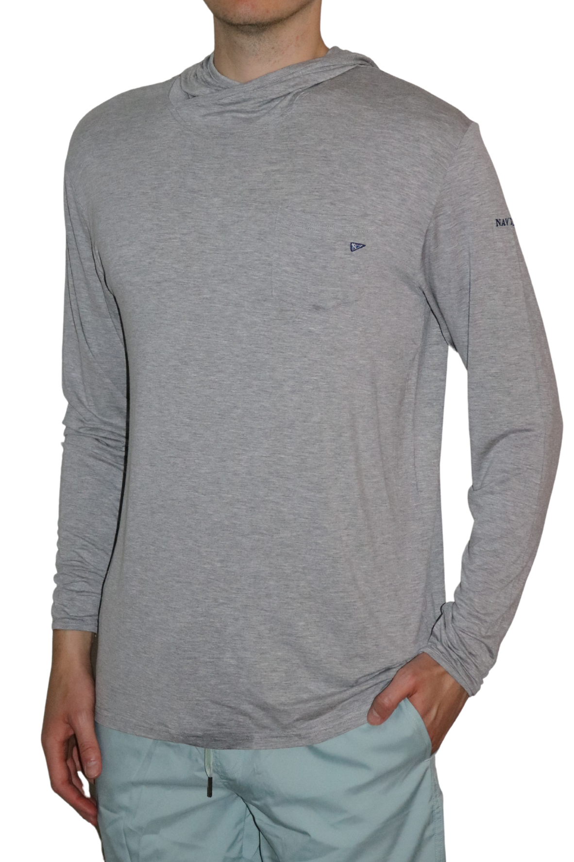 Front of the Angler Crossover Bamboo Hoodie in Heather Grey. This lightweight hoodie provides 35+ UPF sun protection.