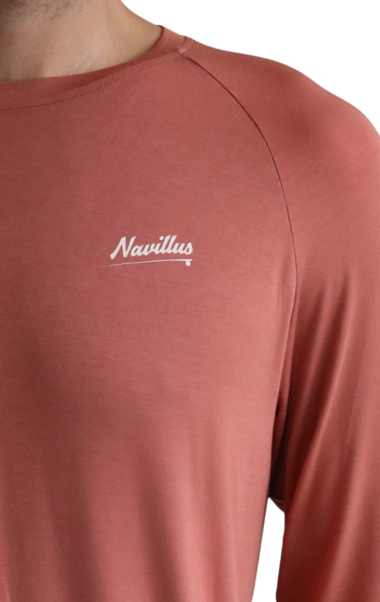 Front logo of the Classic Fly Lightweight Long Sleeve Shirt in Dusty Red.