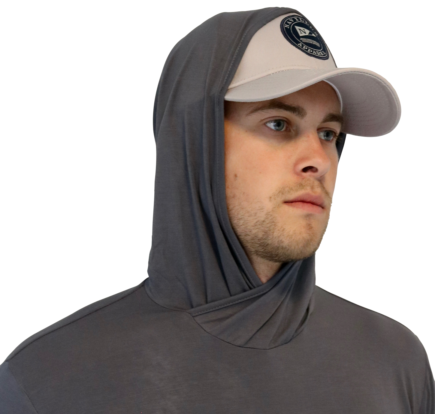 Hood of the Angler Crossover Bamboo Hoodie in Charcoal. This hood provides all around sun protection.