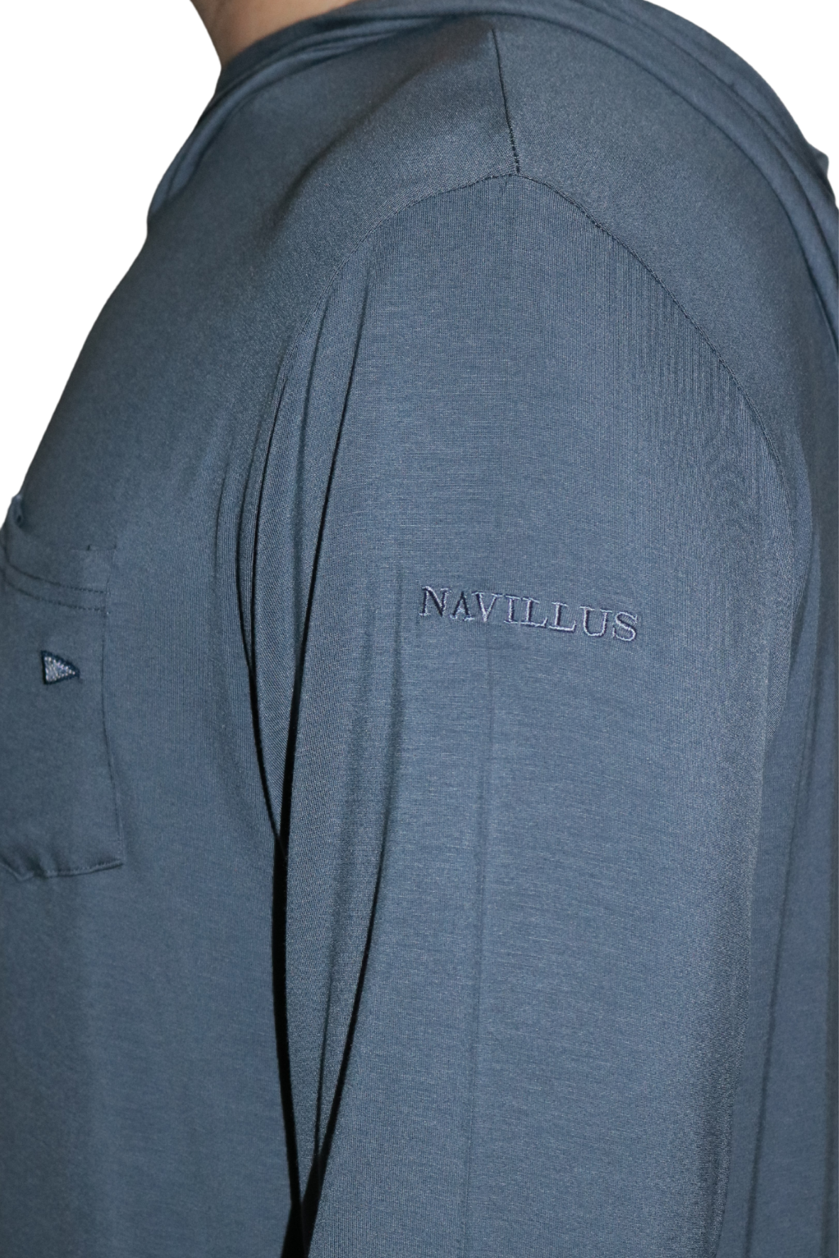Side logo of the Angler Crossover Bamboo Hoodie in Dusk.