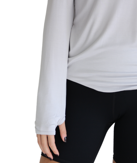 Thumbhole on the Women's Lightweight Bamboo Hoodie in Cloud.