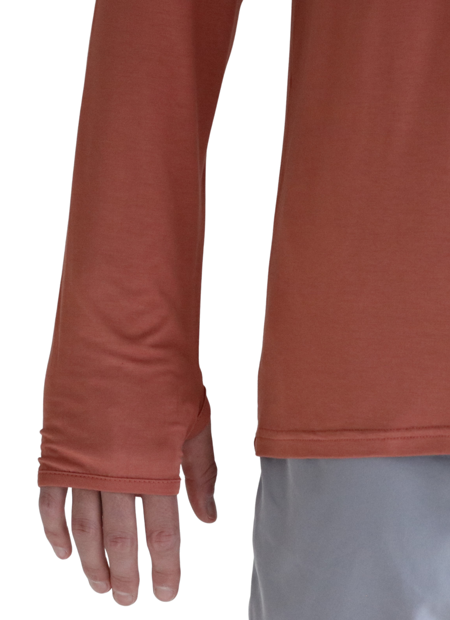 Thumbhole of the Tarpon Crossover Hoodie in Red.