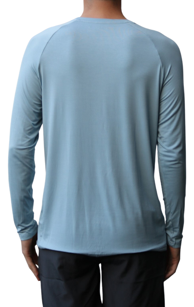 Back of the Classic Fly Lightweight Long Sleeve Shirt in Light Ocean Blue.