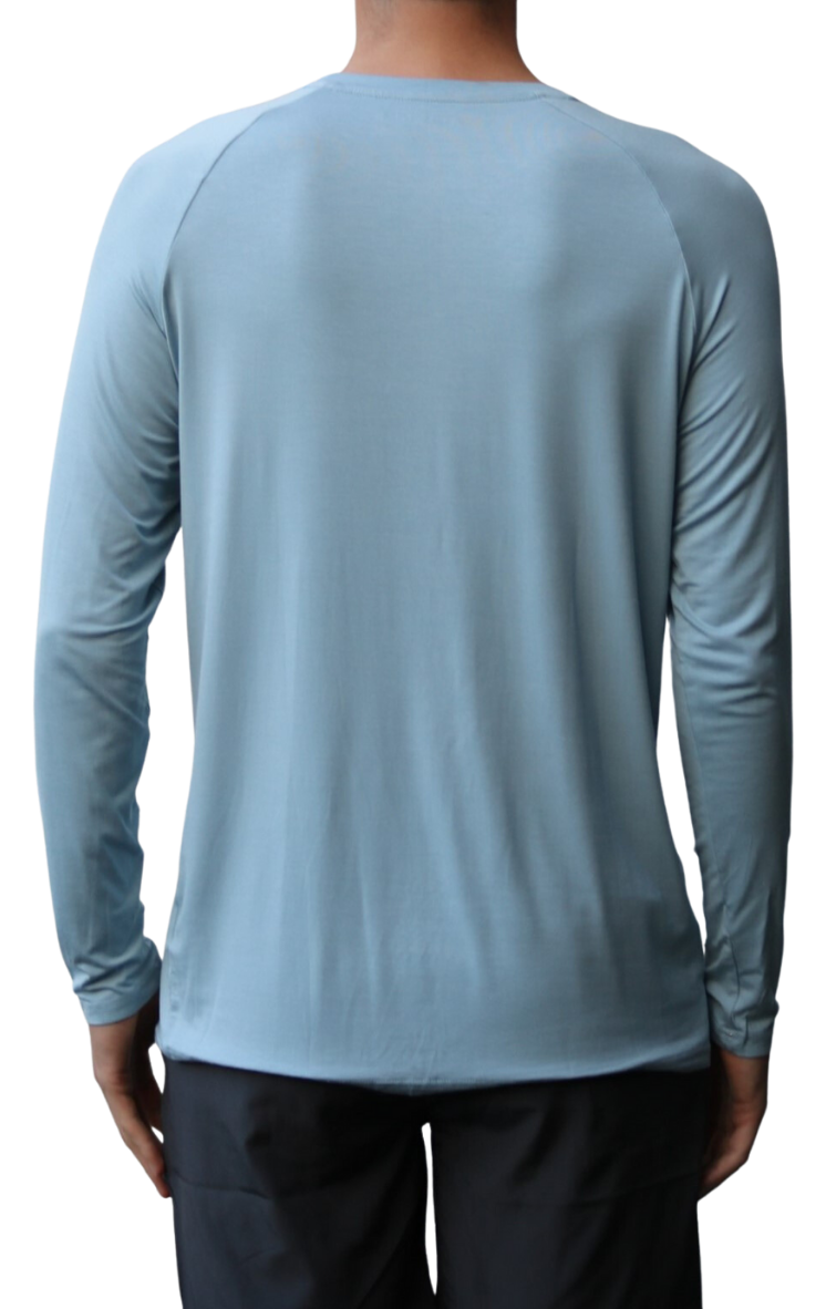 Back of the Classic Fly Lightweight Long Sleeve Shirt in Light Ocean Blue.