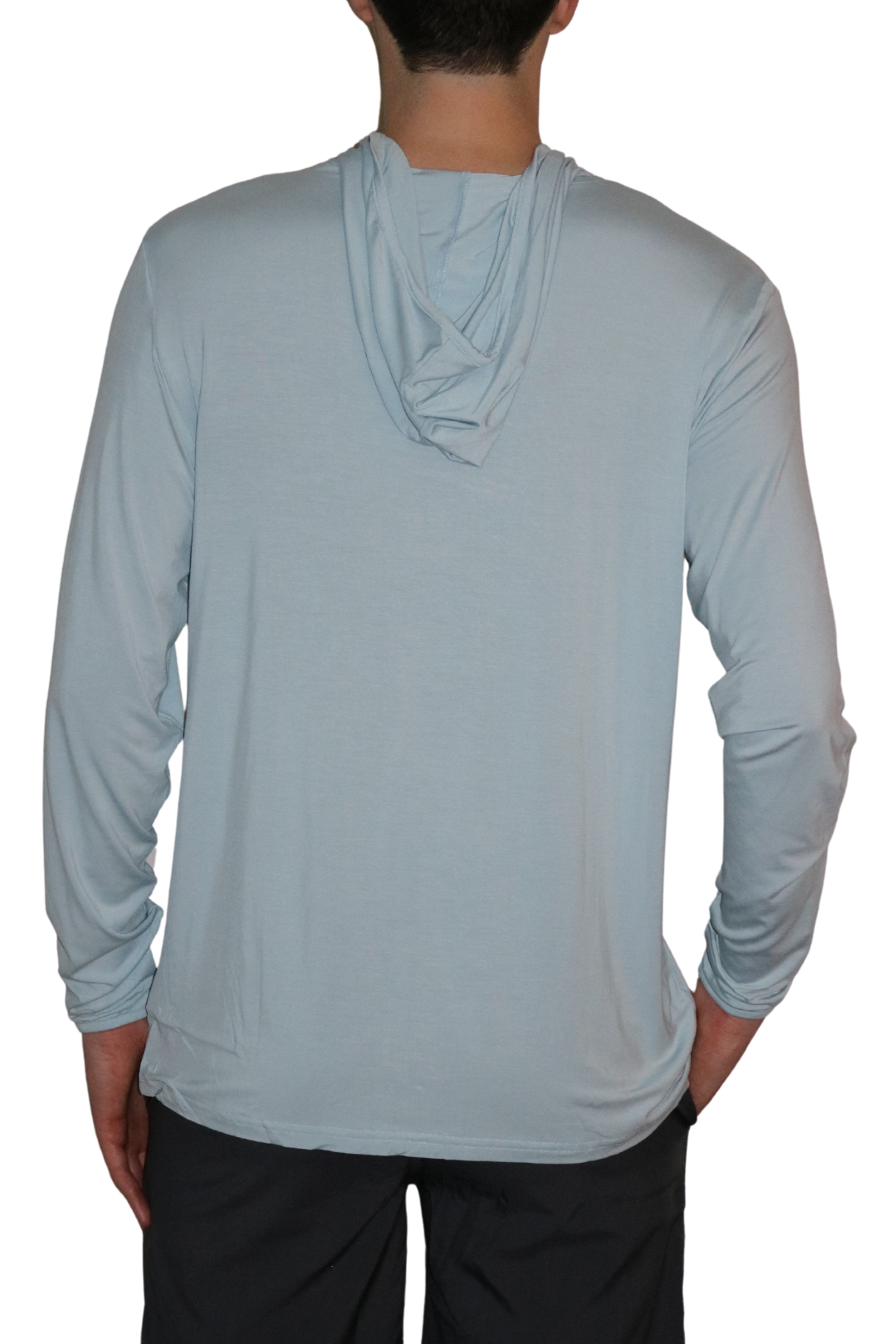 Back of the Castaway bamboo hoodie in breezy blue.