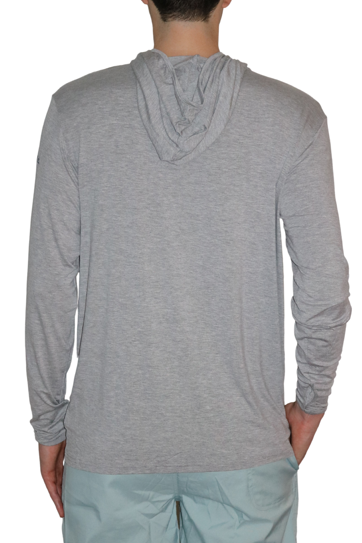 Back of the Angler Crossover Bamboo Hoodie in Heather Grey.