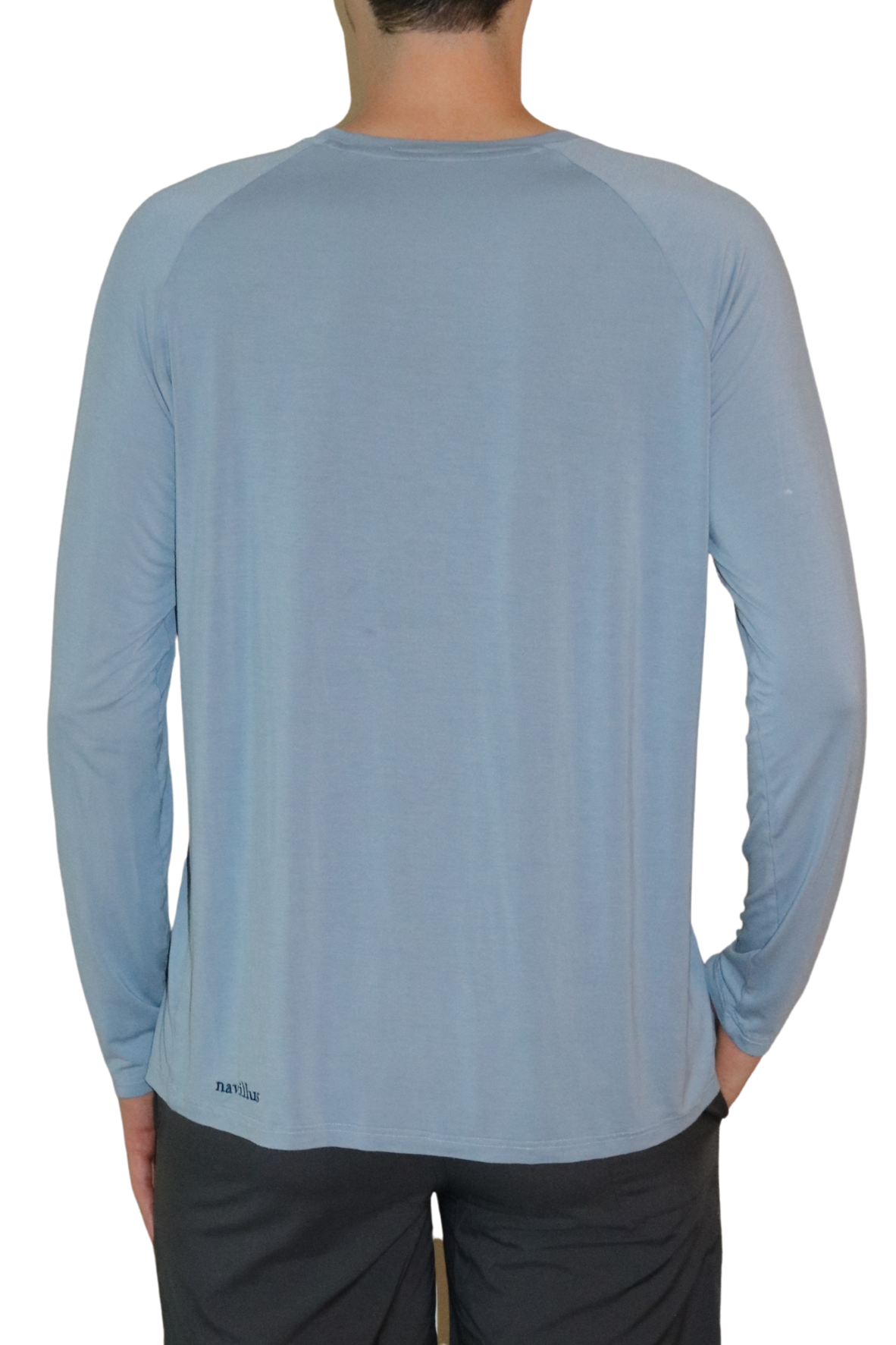 Back of the Icon Bamboo Long Sleeve Shirt in Light Ocean Blue.