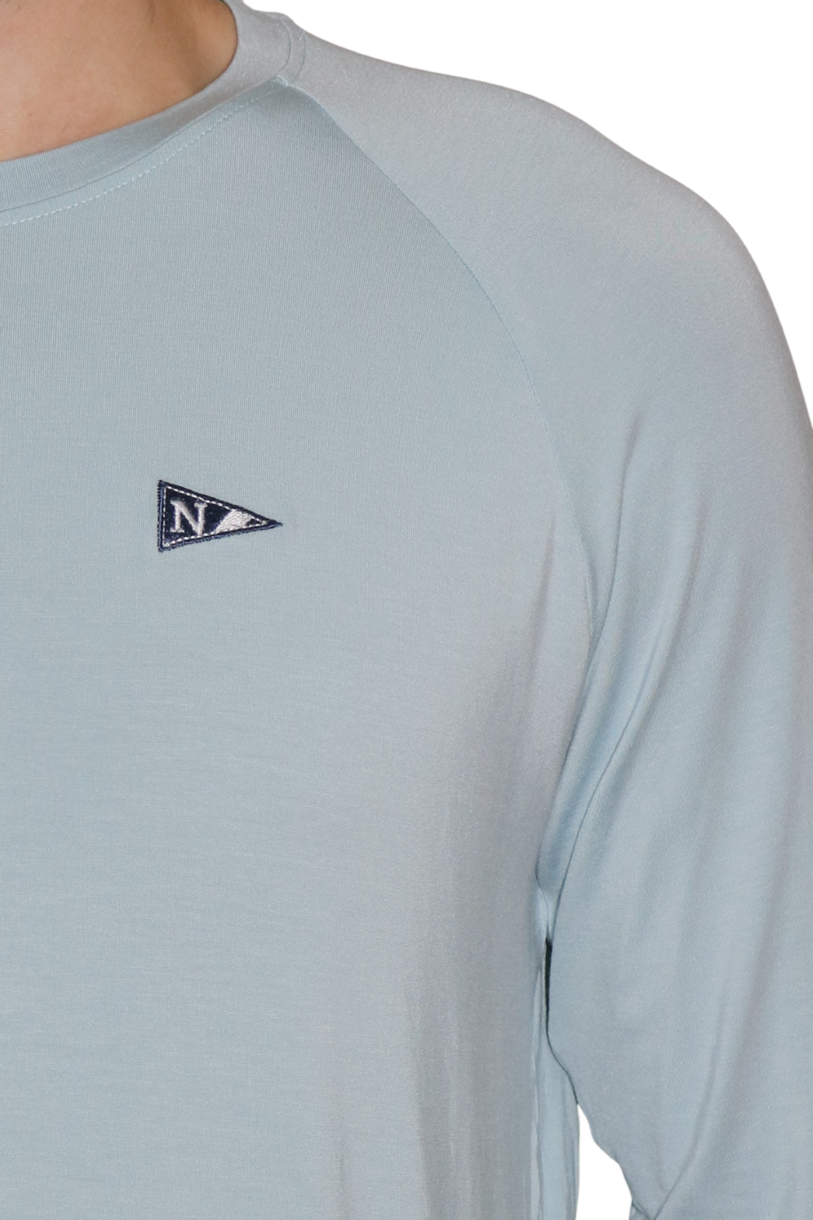 Front logo of the Icon Long Sleeve Bamboo Shirt in Breezy Blue.