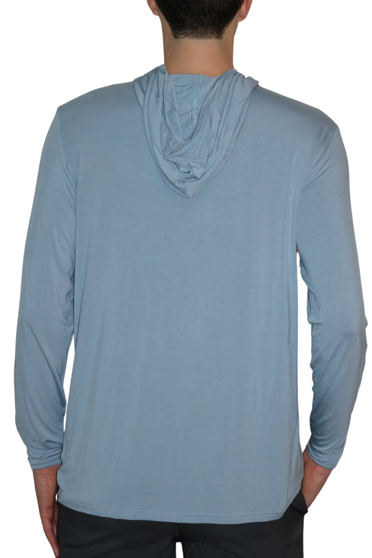 Back of the Angler Crossover Bamboo Hoodie in Light Ocean Blue. This lightweight hoodie provides 35+ UPF sun protection.