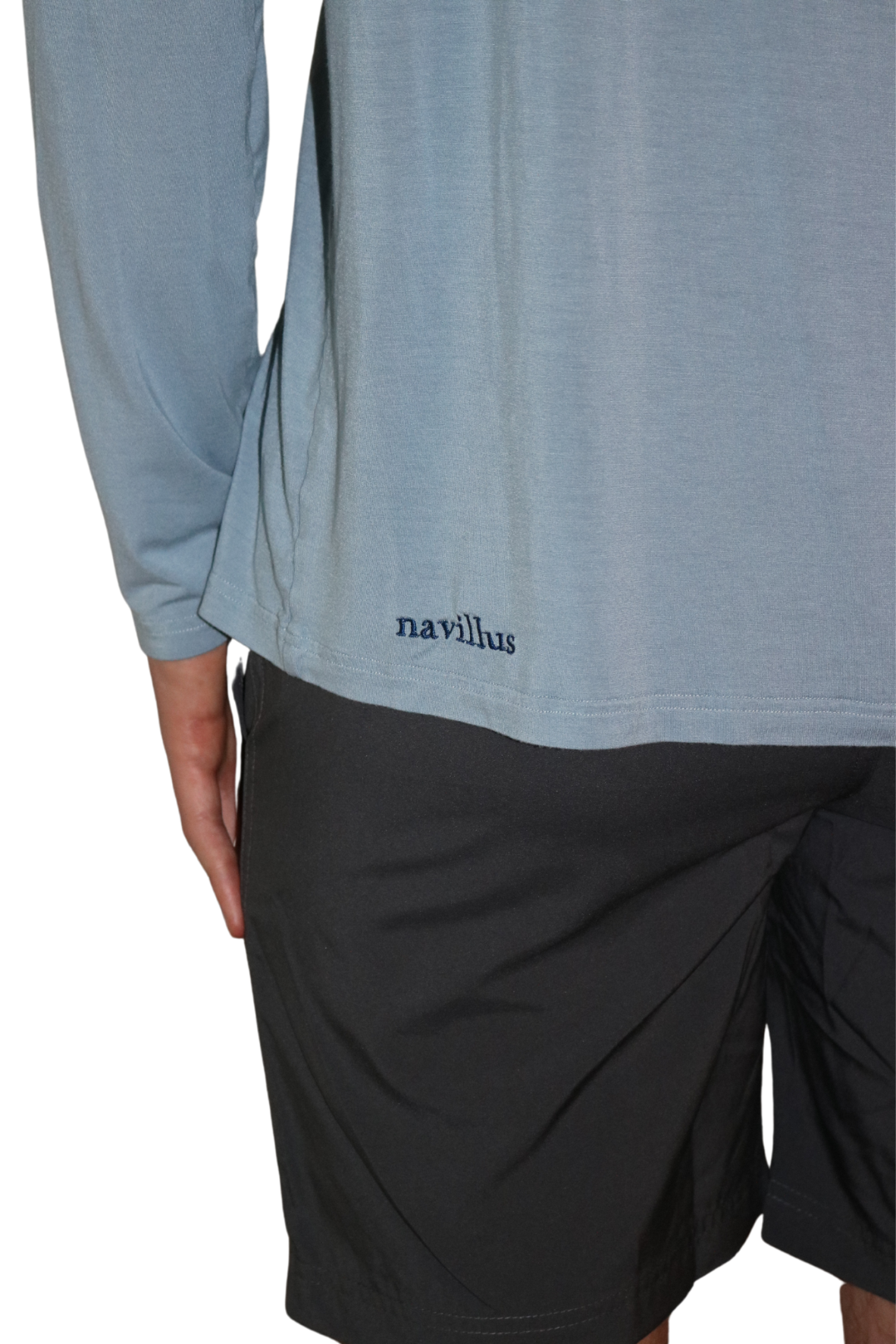 Back logo of the Icon Bamboo Long Sleeve Shirt in Light Ocean Blue.