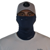 Model wearing the Bamboo Neck Gaiter in Navy. This fishing buff provides 35+ UPF sun protection.