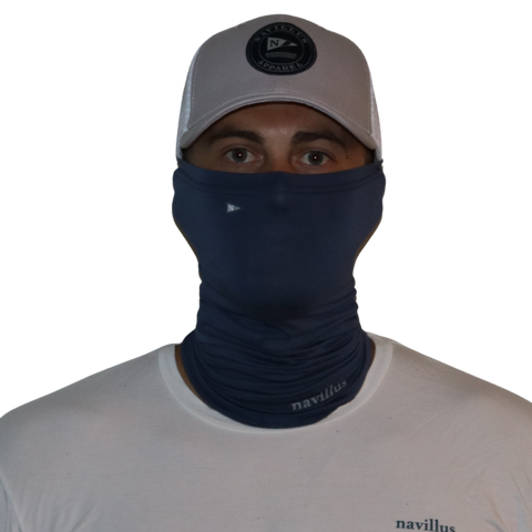 Model wearing the Bamboo Neck Gaiter in Navy. This fishing buff provides 35+ UPF sun protection.