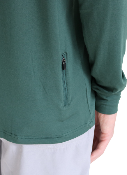 Back zipper of the Cruiser Midweight Bamboo Hoodie in Deep Green.