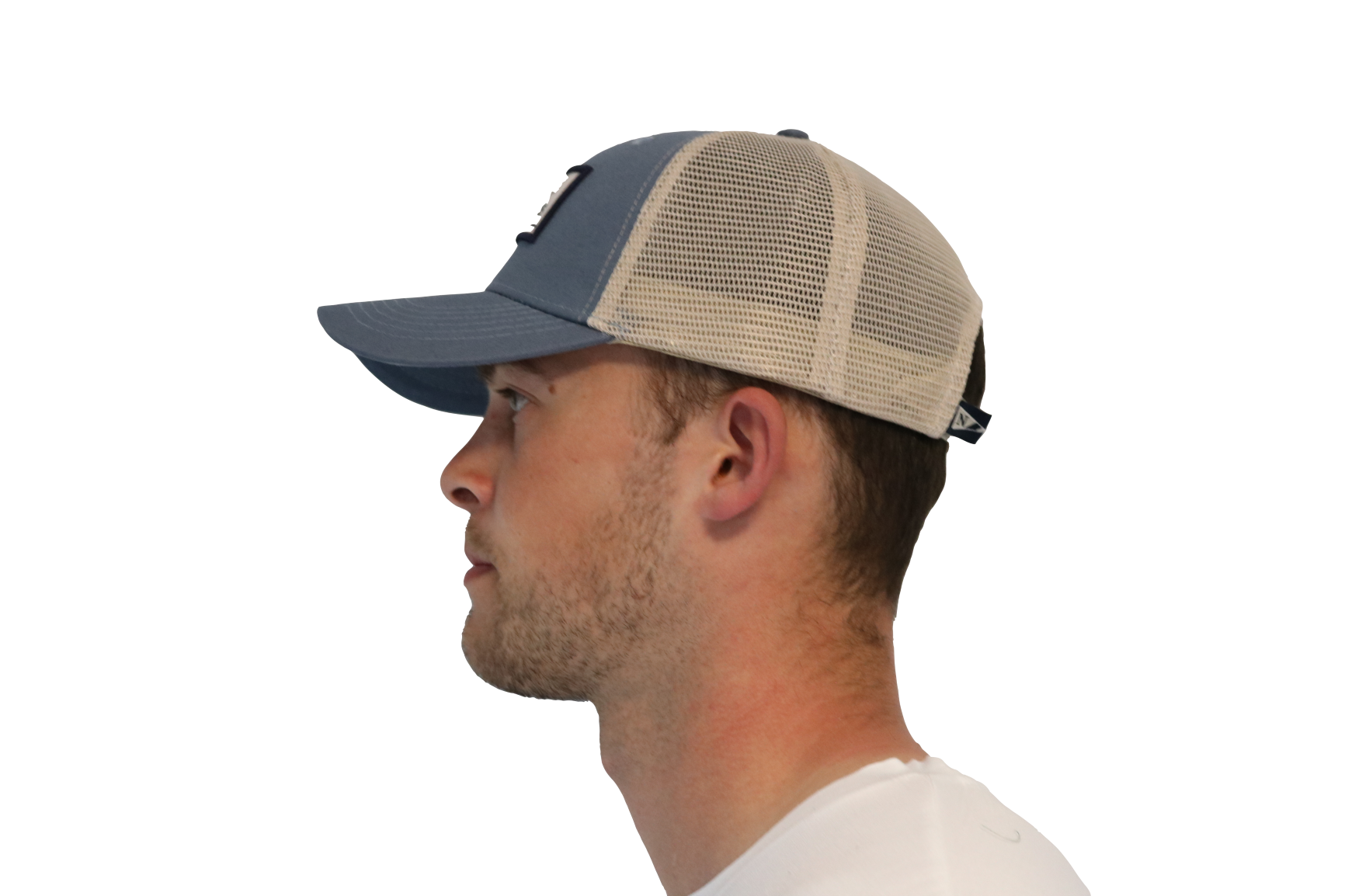 Model wearing the Deep Sea Snapback fishing cap. This fishing trucker cap has a mesh back.