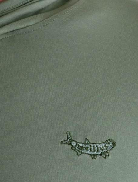 Front logo of the Tarpon Crossover Hoodie in Fairway Green.