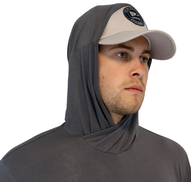 Hood of the Angler Crossover Bamboo Hoodie in Charcoal. This hood provides all around sun protection.