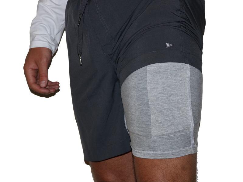 Front iPhone pocket of the Bamboo Lined Sabalo Fishing Shorts. These fishing shorts are perfect for long days on the water.