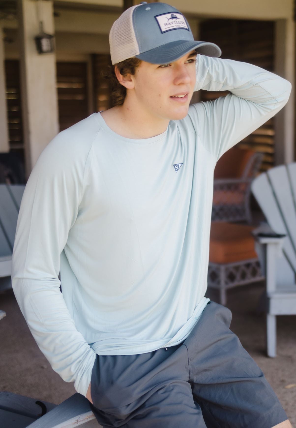 Model wearing the Breezy Blue Icon long sleeve bamboo shirt.