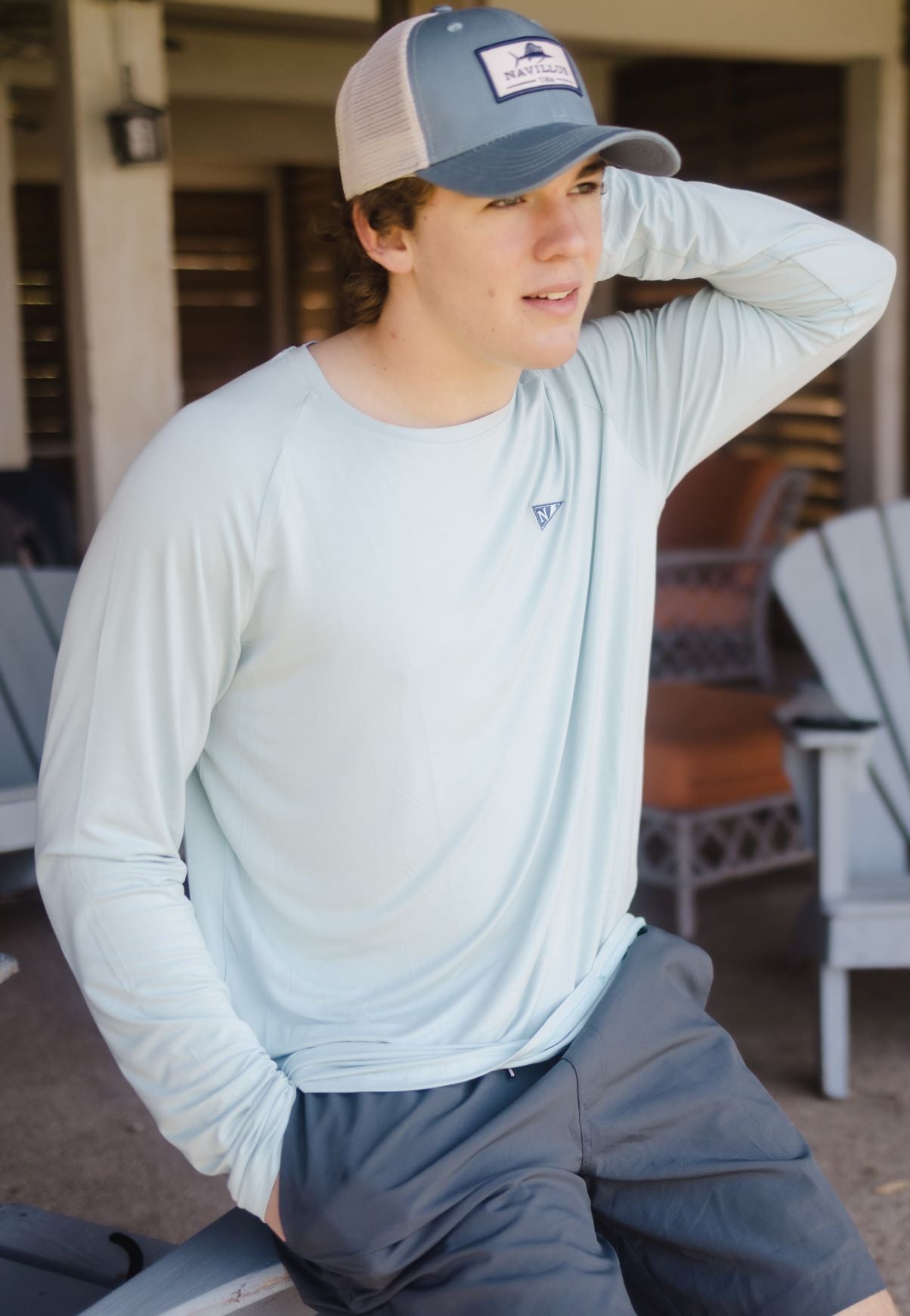 Model in the Breezy Blue Icon long sleeve bamboo shirt.