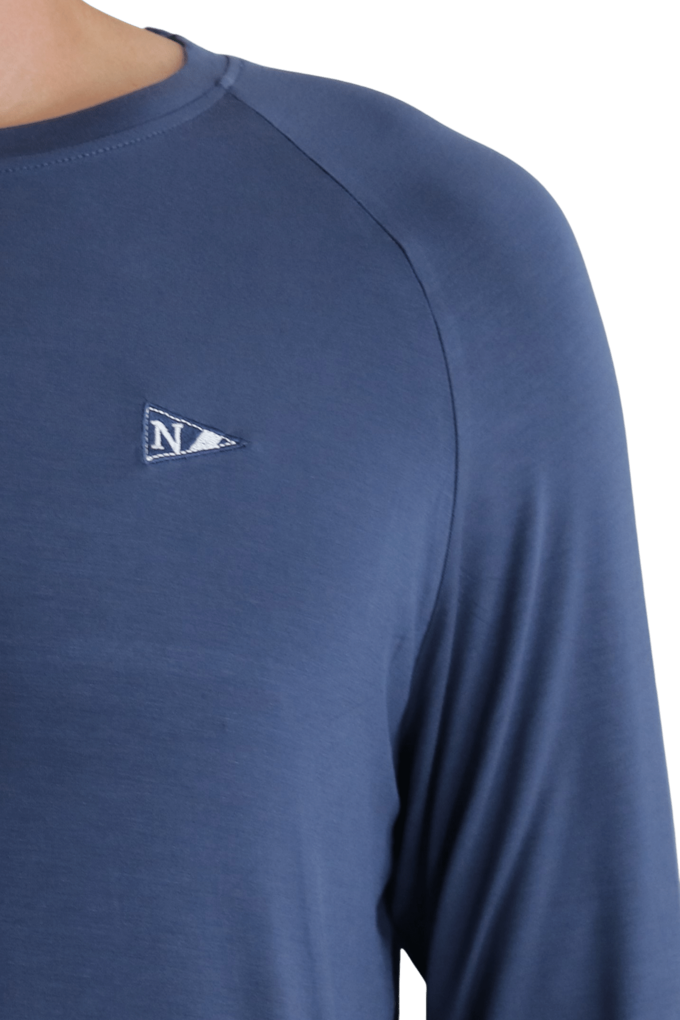 Front logo of the navy icon long sleeve bamboo shirt with 35+ UPF sun protection.