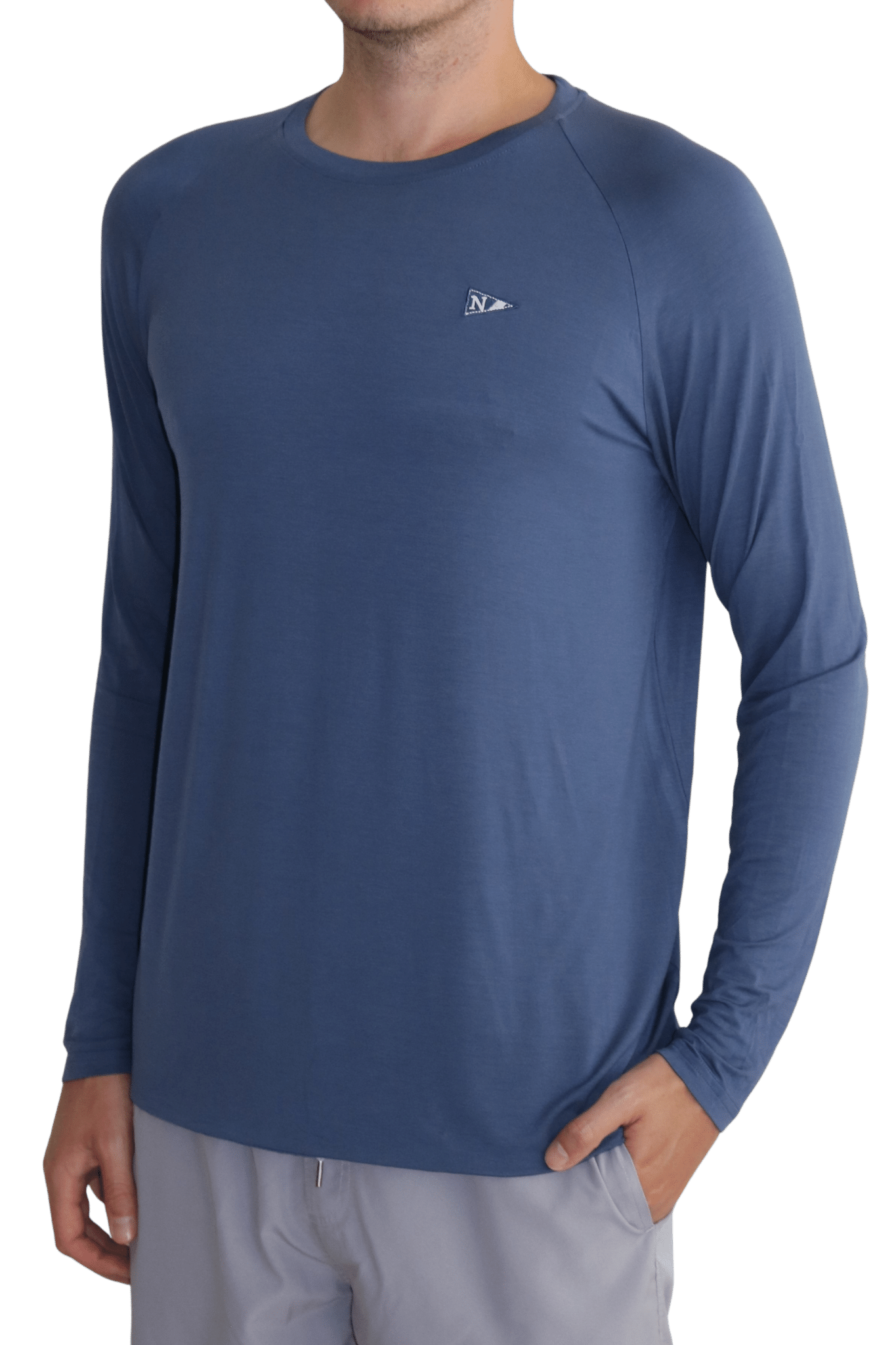 Front of the navy icon long sleeve bamboo shirt with 35+ UPF sun protection.