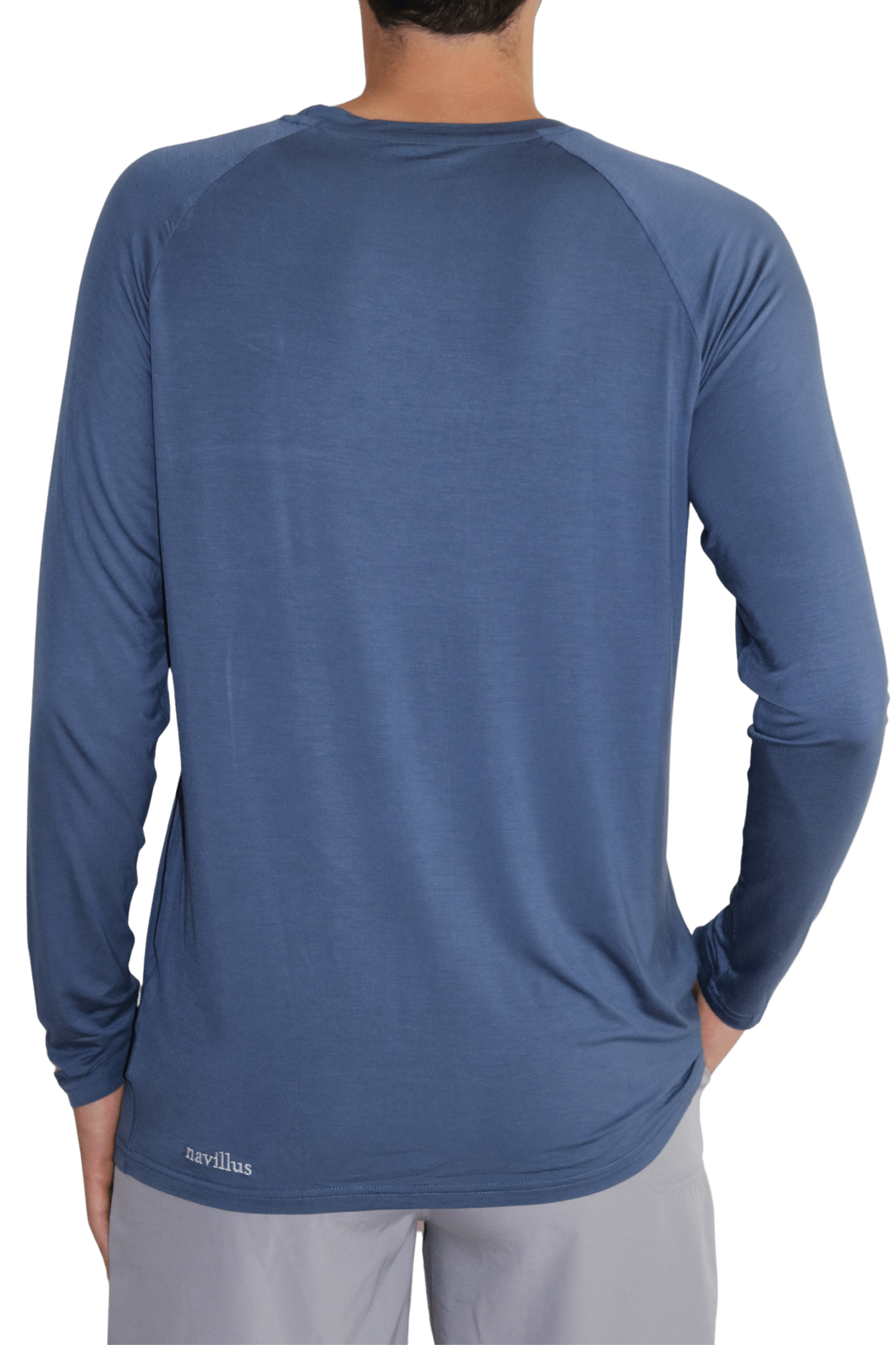 Back of the navy icon long sleeve bamboo shirt with 35+ UPF sun protection.