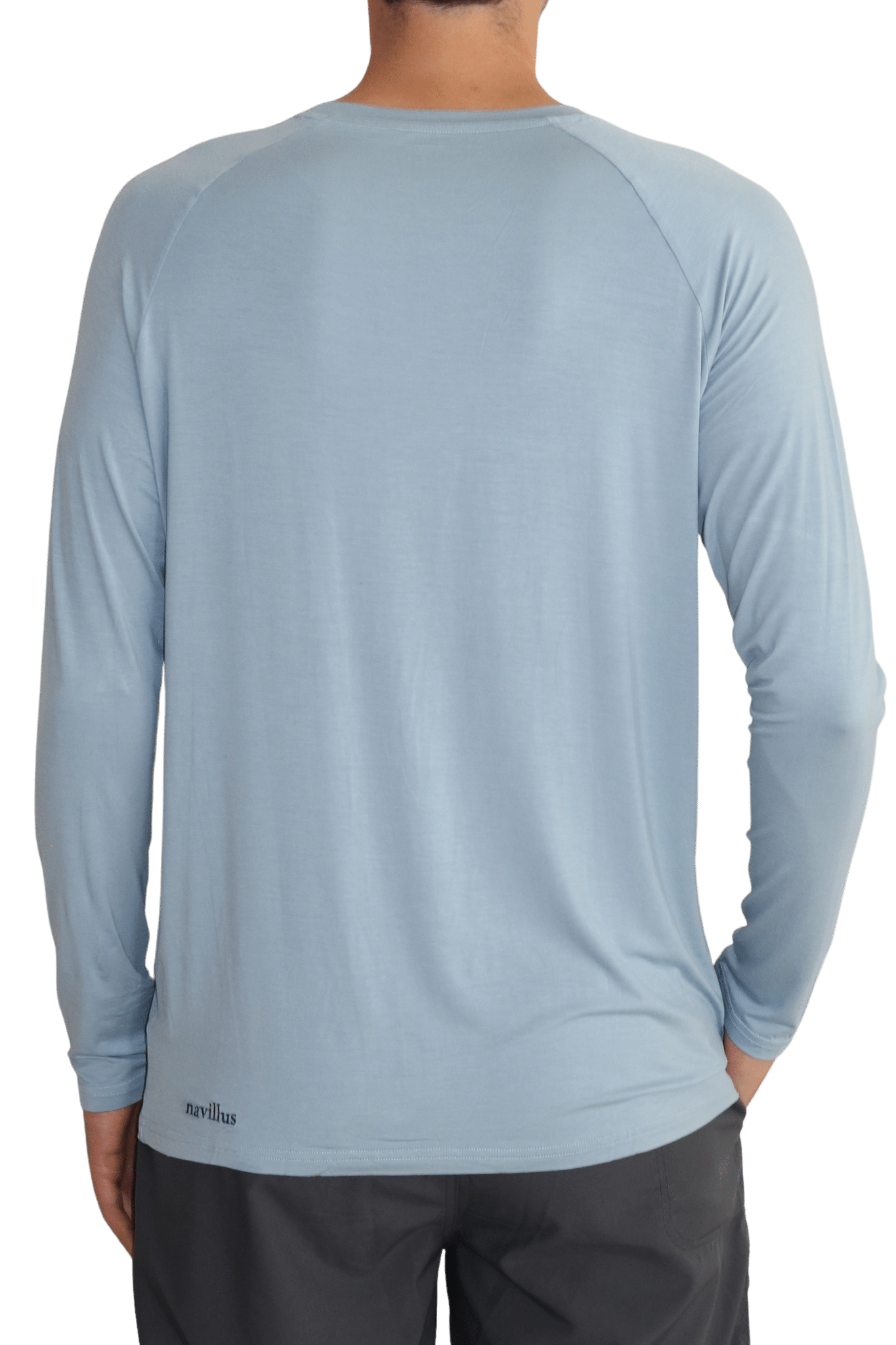 Back of the new light ocean blue icon long sleeve bamboo shirt with 35+ UPF sun protection.