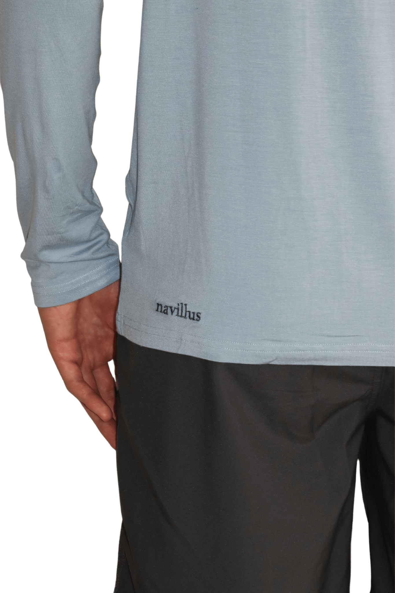 Back logo of the new light ocean blue icon long sleeve bamboo shirt with 35+ UPF sun protection.