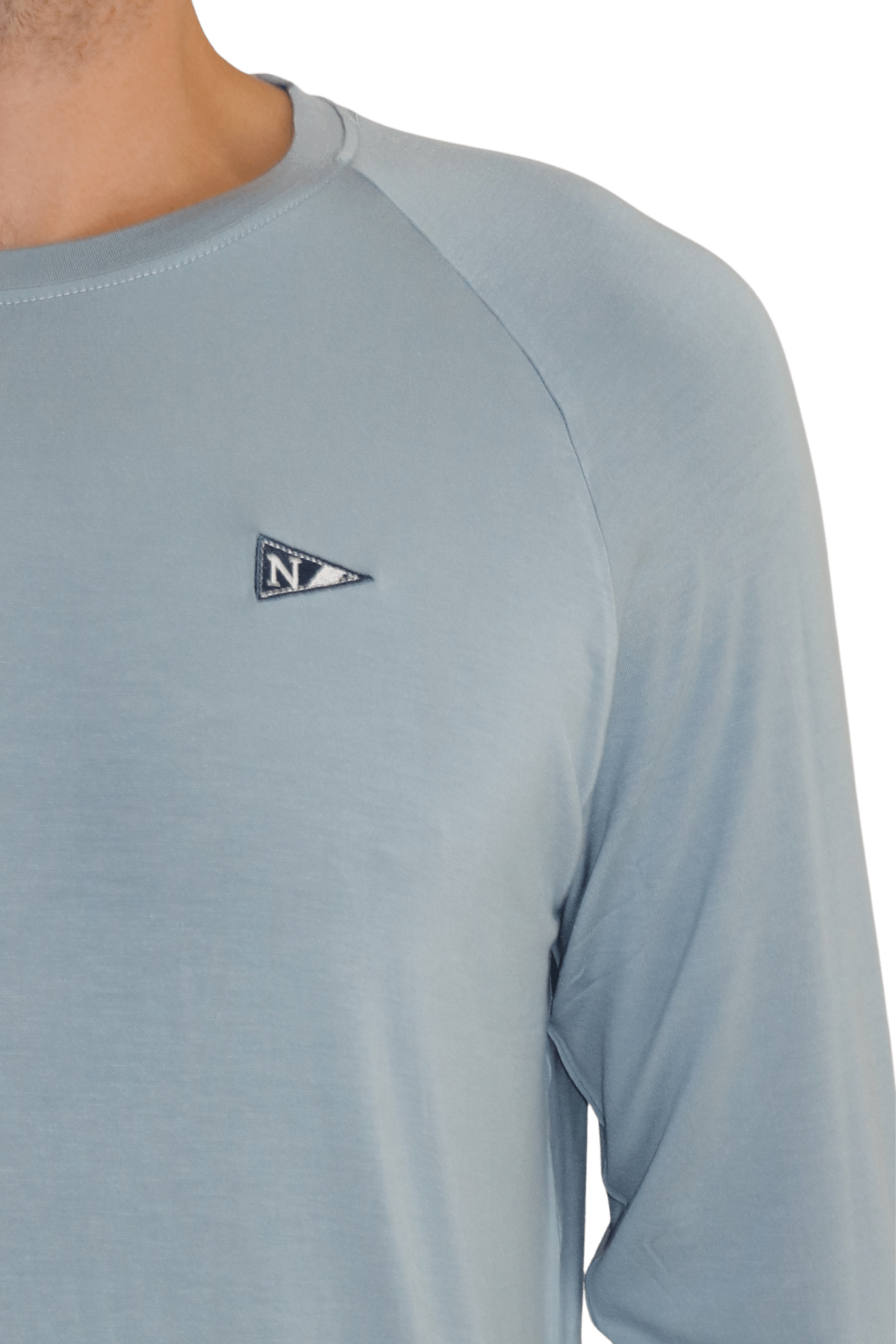 Front logo of the navy icon long sleeve bamboo fishing shirt.