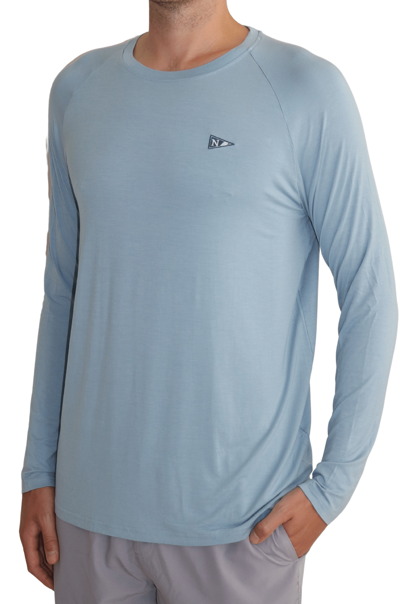 Front of the new light ocean blue icon long sleeve bamboo fishing shirt.