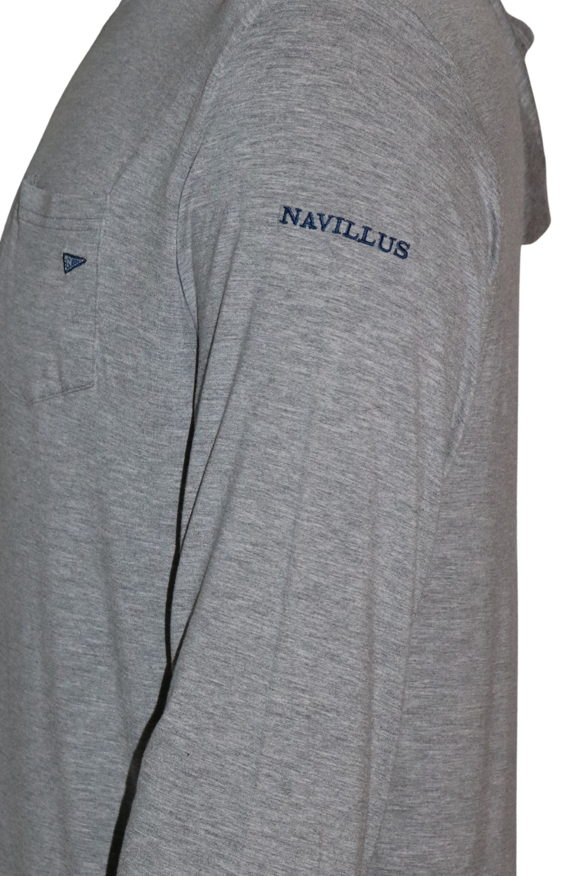 Side logo of the Angler Crossover Bamboo Hoodie in Heather Grey. This bamboo hoodie provides 35+ UPF sun protection.