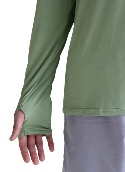 Thumbhole on the Tarpon Crossover Hoodie in Fairway Green.